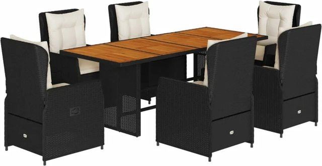 vidaXL 7-teilige Garten-Essgruppe aus Poly-Rattan und Akazienholz in Schwarz mit Kissen - Bild 1