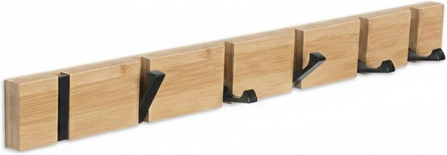 Relaxdays Garderobenleiste aus Bambus und Eisen, klappbar mit 6 Haken, Schwarz/Braun, B: 60 cm, H: 5 cm, T: 1,5 cm - Bild 1