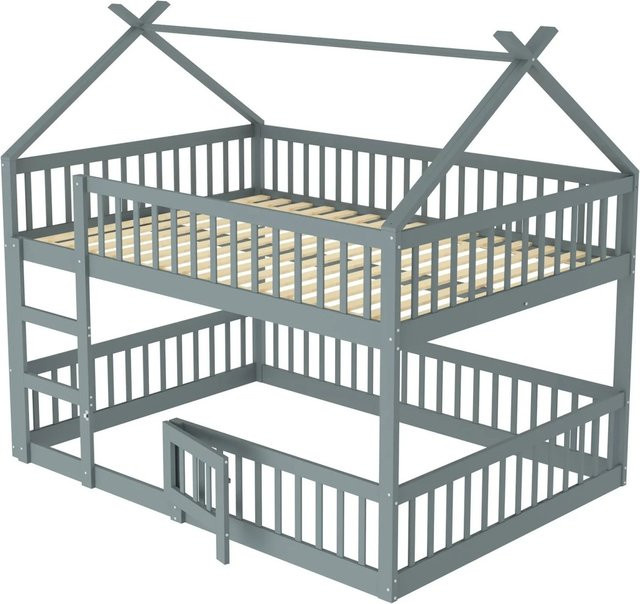 KOMHTOM Kinder Etagenbett im Loft-Stil mit Treppe, Familienbett aus Massivholz und Metall, Grau, B/T/H: 140 x 200 x 205 cm - Bild 1