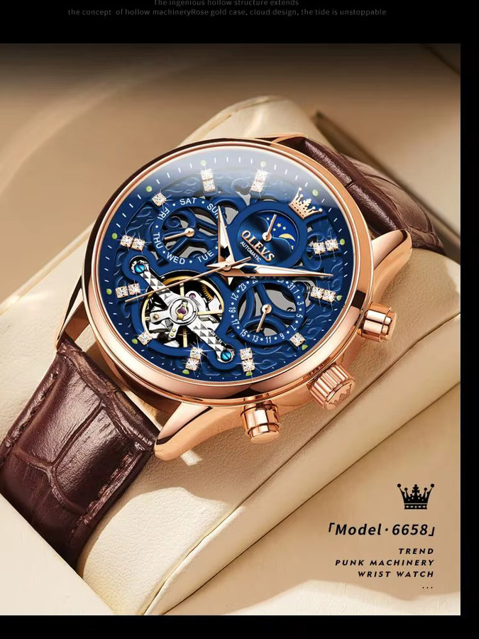 OLEVS Armbanduhr, Automatik, Leder, Roségold, Herren - Bild 7