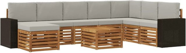 vidaXL Outdoor-Sofagarnitur L-Form aus massivem Akazienholz mit 9 Kissen in Natur und Hellgrau - Bild 1