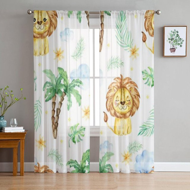 Super Six Transparenter Chiffon-Vorhang mit Löwen-Skizze für Wohnzimmer und Schlafzimmer, Breite: 135 cm, Höhe: 114 cm - Bild 1
