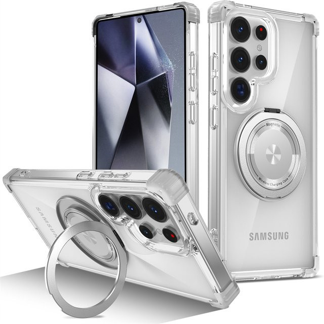 Transparente Samsung Handyhülle mit rotierendem magnetischem Klappständer in Pink für S26 S25 Edge S24 S23 Plus FE S21 Ultra Armor stoßfeste Schutzhülle - Bild 1