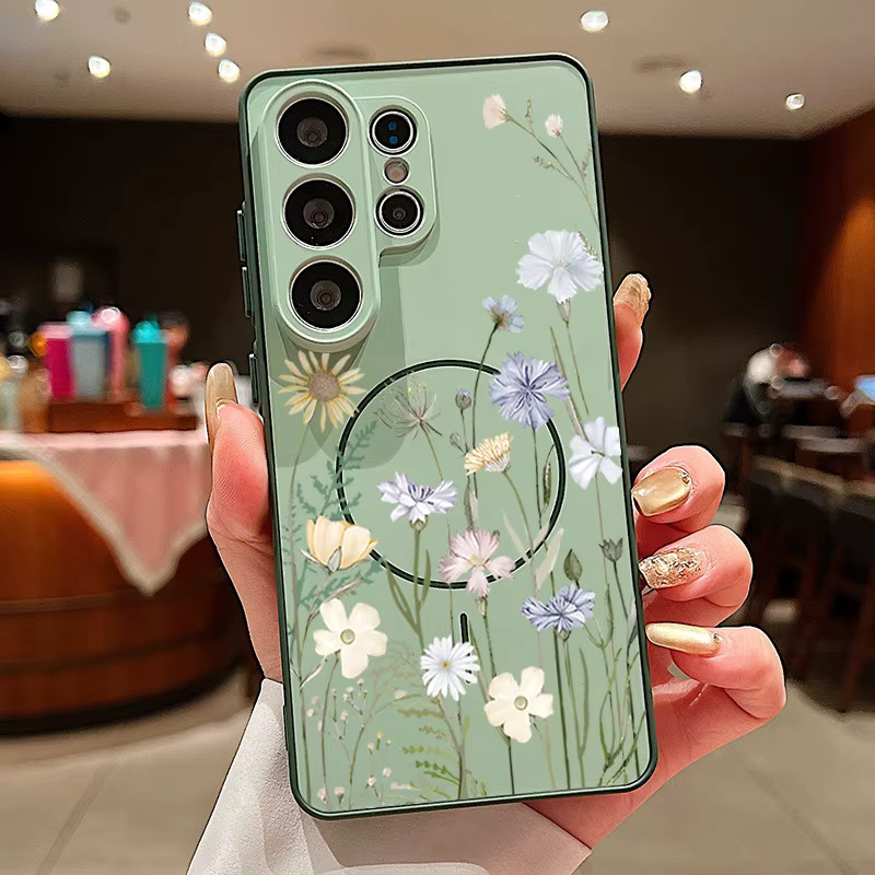 Magnetische Handyhülle mit Blumenmuster für Samsung Galaxy S25 S24 S23 S26 Ultra Edge A55 A36 A16 in Orange - Bild 2