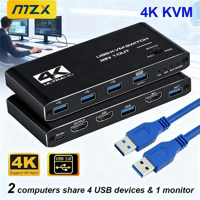 MZX KVM Switch 4K 60Hz USB 3.0 Dockingstation für 2 Computer mit USB-C und USB-A Anschlüssen, Schwarz - Bild 1
