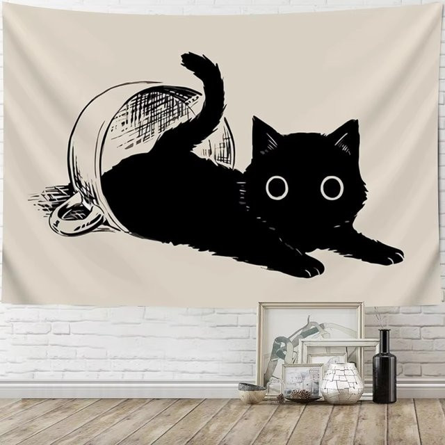 Wandbehang VIKAMA mit schwarzer Katze im Teetassen-Design, Mehrfarbig, B: 60 cm, H: 40 cm - Bild 1