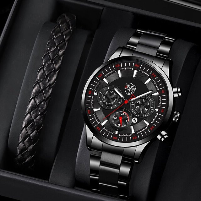 DEYROS Armbanduhr Edelstahl, Quarz, Leder, Schwarz, Herren - Bild 1