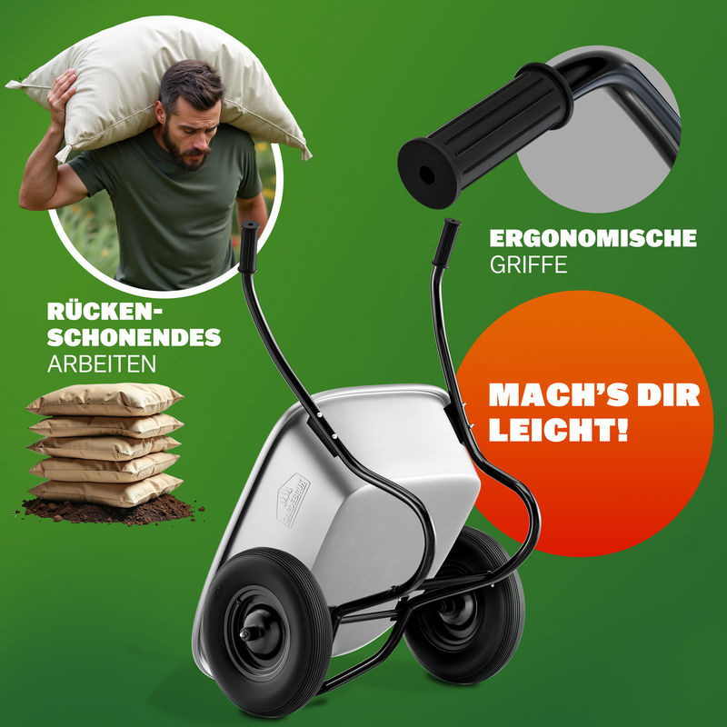Verzinkte Schubkarre mit 2 Rädern, Luftbereifung, 150 kg Tragkraft und 100 l Volumen - Bild 2