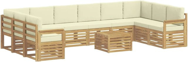 vidaXL Outdoor-Sofagarnitur 8-teilig in L-Form aus Akazienholz mit Polstern in Weiß und Beige, B/T/H: 59 x 59 x 37 cm - Bild 1