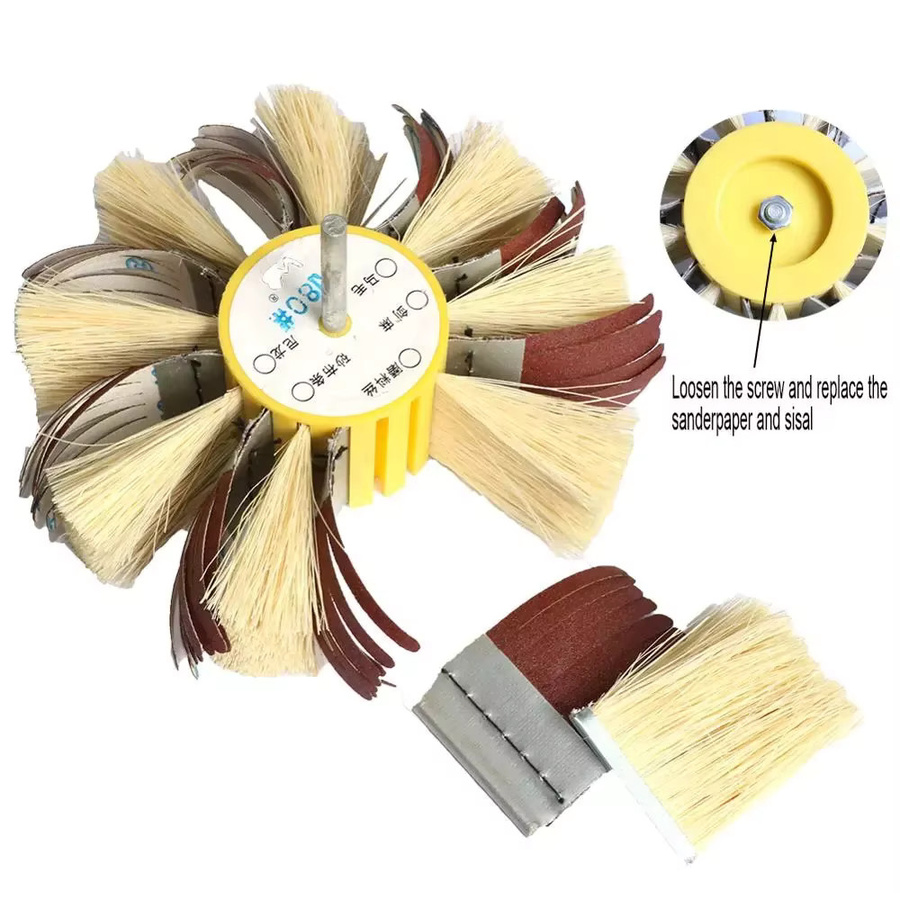 SI FANG Polierbürstenrad aus Sisal und Schmirgeltstoff für Holzgrundierung und Metallschleifen, Durchmesser: 150 mm, Schaft: 6 mm - Bild 3