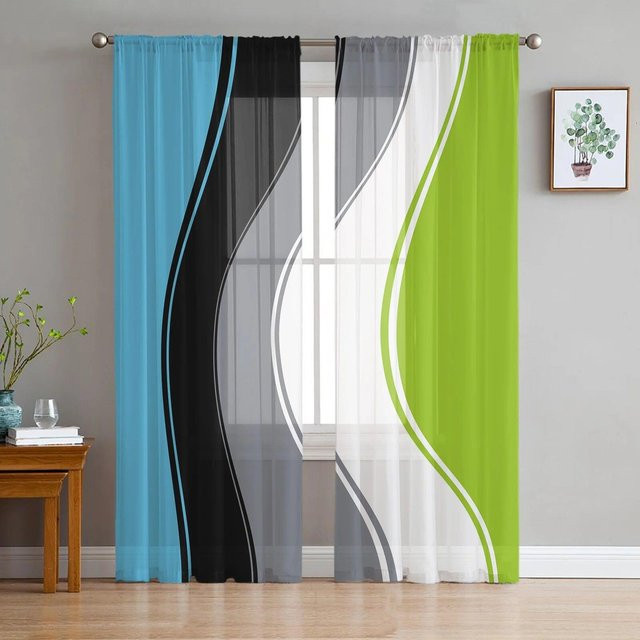 A Family Of Home Textiles Transparente Tüll-Vorhänge mit blauem abstraktem Grafikmuster für Wohnzimmer und Schlafzimmer, Breite: 135 cm, Höhe: 114 cm - Bild 1
