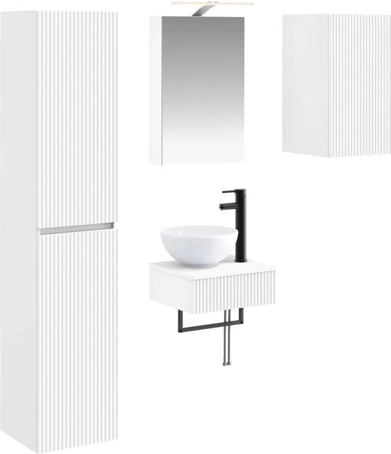 vidaXL Badezimmermöbel-Set 5-teilig in Weiß aus Ingenieurholz und Glas mit LED-Beleuchtung und Spiegelschrank - Bild 1