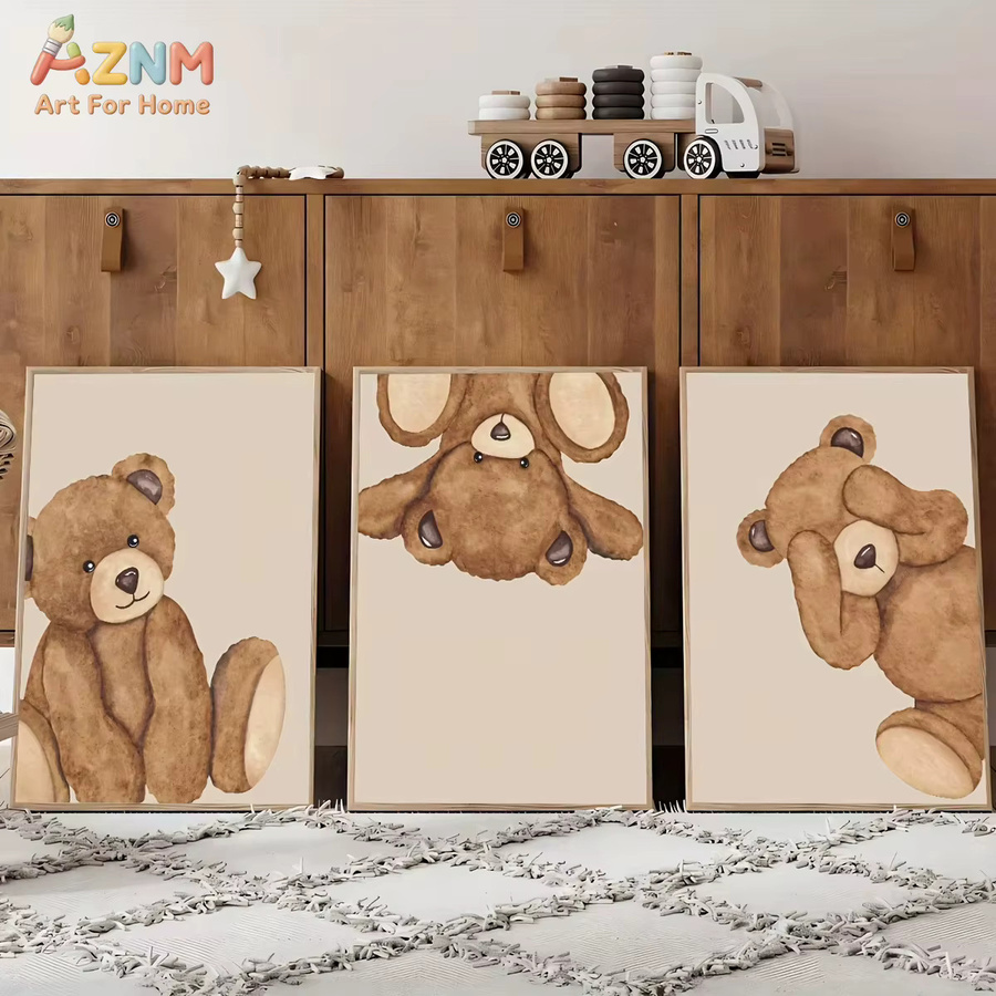 AZNM Aquarell Leinwandgemälde mit verspieltem braunem Teddybär in Beige als Wandkunst Illustration - Bild 2