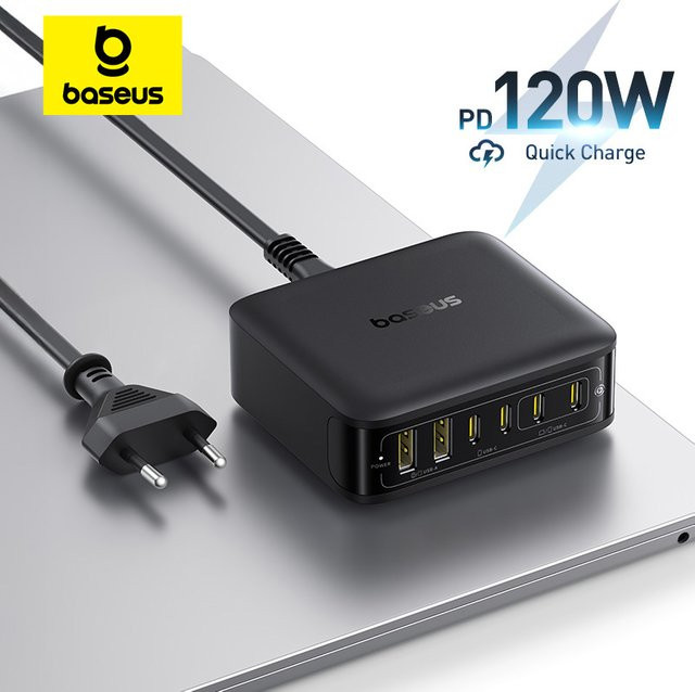 Baseus 120 W GaN Desktop-Ladegerät 6-in-1 Schnellladegerät für Laptop, iPhone und Samsung in Schwarz - Bild 1