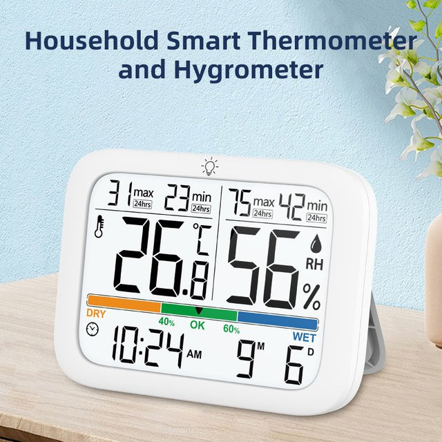 VOCOO Digitales Thermo-Hygrometer mit Hintergrundbeleuchtung, Kalender und Zeitanzeige in Weiß - Bild 1