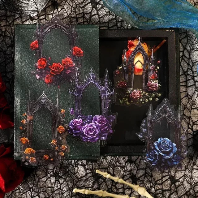 Spireper Bloody Night Scrapbook Aufkleber Set, 12 Stück Gothic Blumenrahmen aus PET, Multicolour, B: 17,8 cm x H: 11,1 cm - Bild 1