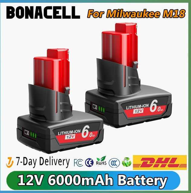 Milwaukee Ersatzakku 12V 6000mAh mit LED-Licht für M12 Werkzeuge, Farbe: Rot - Bild 1