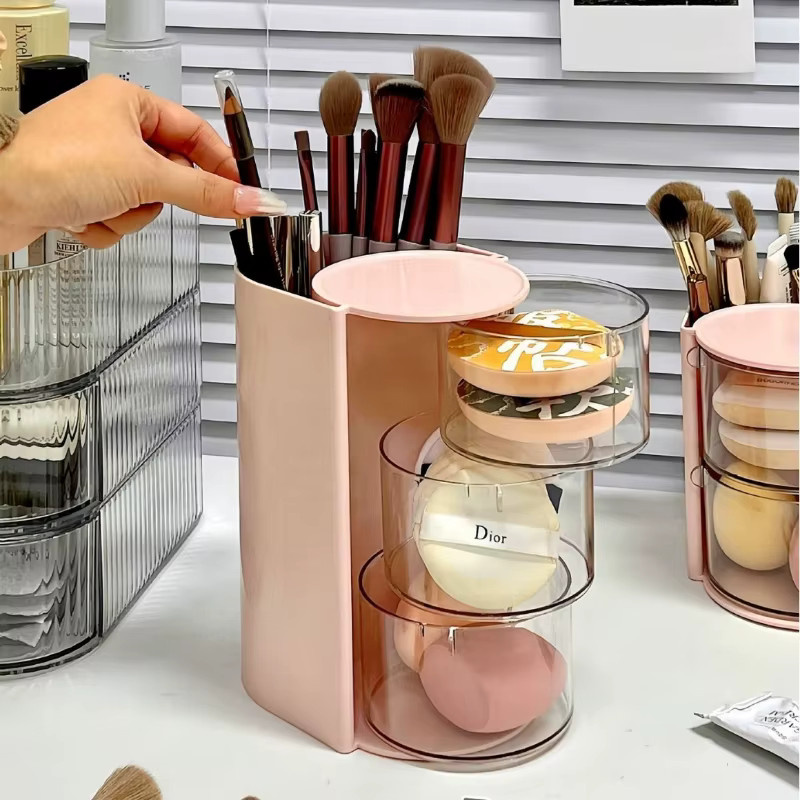 Rotierender staubdichter Kosmetik-Organizer aus Kunststoff in Pink mit Deckel für Make-up, Pinsel und Lippenstifte - Bild 4