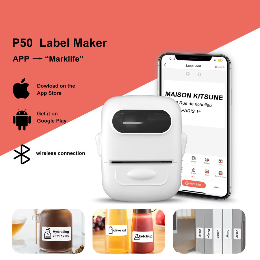 Marklife P50 Tragbarer Thermo Etikettendrucker für selbstklebende Aufkleber ohne Tinte - Bild 3
