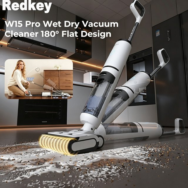 Redkey W15 Pro Kabelloser Nass-Trocken-Staubsauger in Weiß mit 22000Pa Saugkraft, 3-in-1 Bodenreiniger mit Trockenbürste und Heißlufttrocknung, beutellos - Bild 1