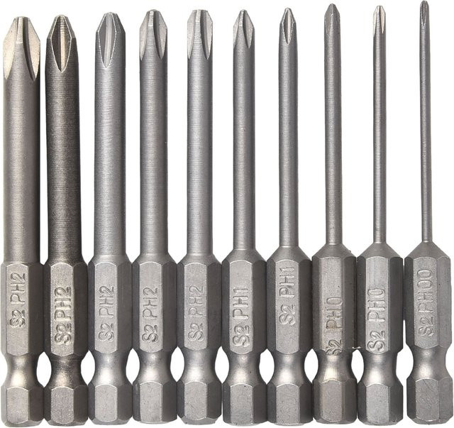 DAZZLEEX 10er Set Magnetische Kreuzschlitz-Bits PH00 PH0 PH1 PH2 mit 1/4 Zoll Sechskantschaft, Silber, Länge: 65 mm - Bild 1