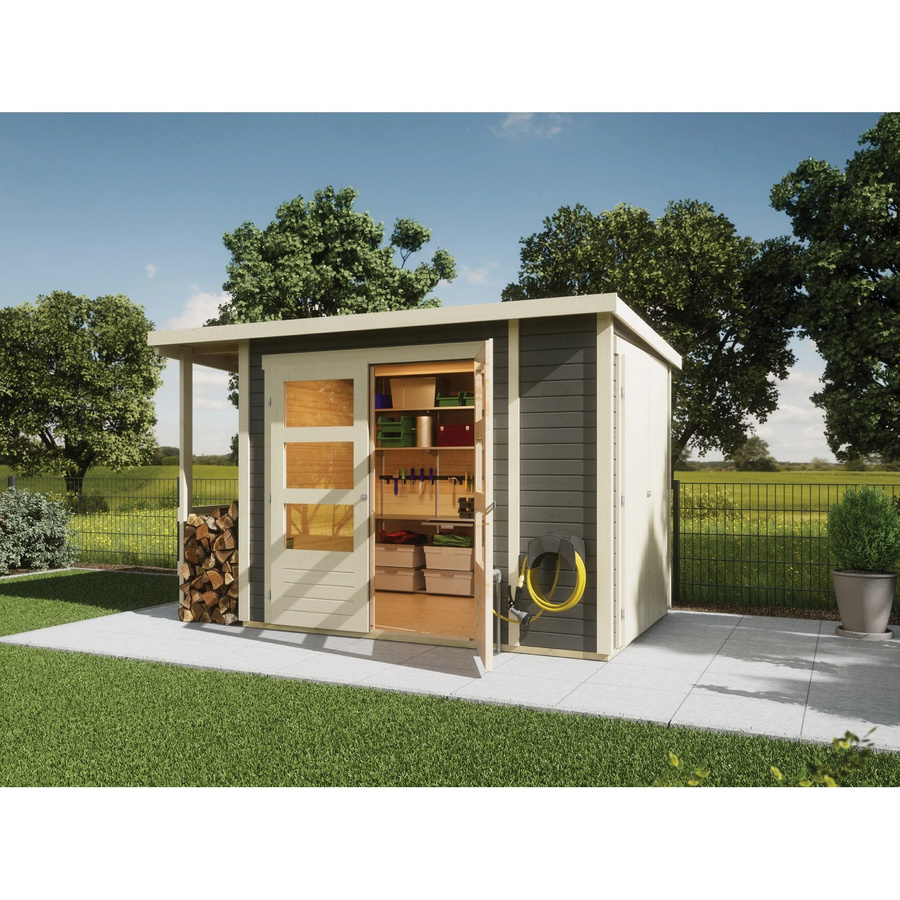 Karibu Gartenhaus Flexi Pultdach aus Massivholz aus nordischer Fichte in Terragrau mit 4,42 m² Grundfläche und 19 mm Wandstärke - Bild 2