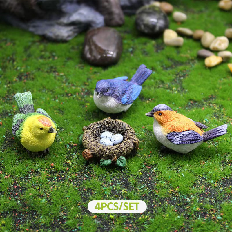 4er Set Birdie Figuren aus Kunstharz als Micro Landschaft Ornamente mit Vogelnest und Eiern in Mehrfarbig für Bonsai und Puppenhaus Dekoration - Bild 2