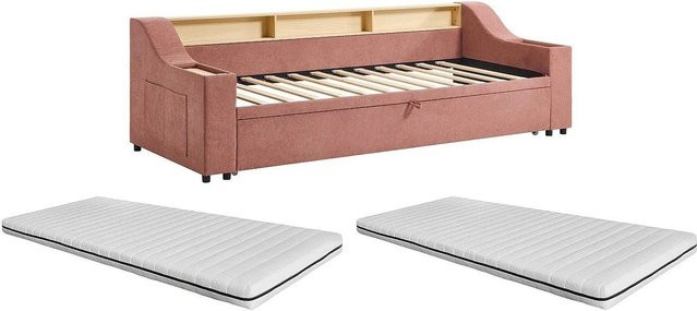 Modernes Bettgestell Oravaya in Rosa mit USB-Ladeport und Schubladen aus Stoff und MDF, B/T/H: 90,5 x 234 x 70 cm - Bild 1