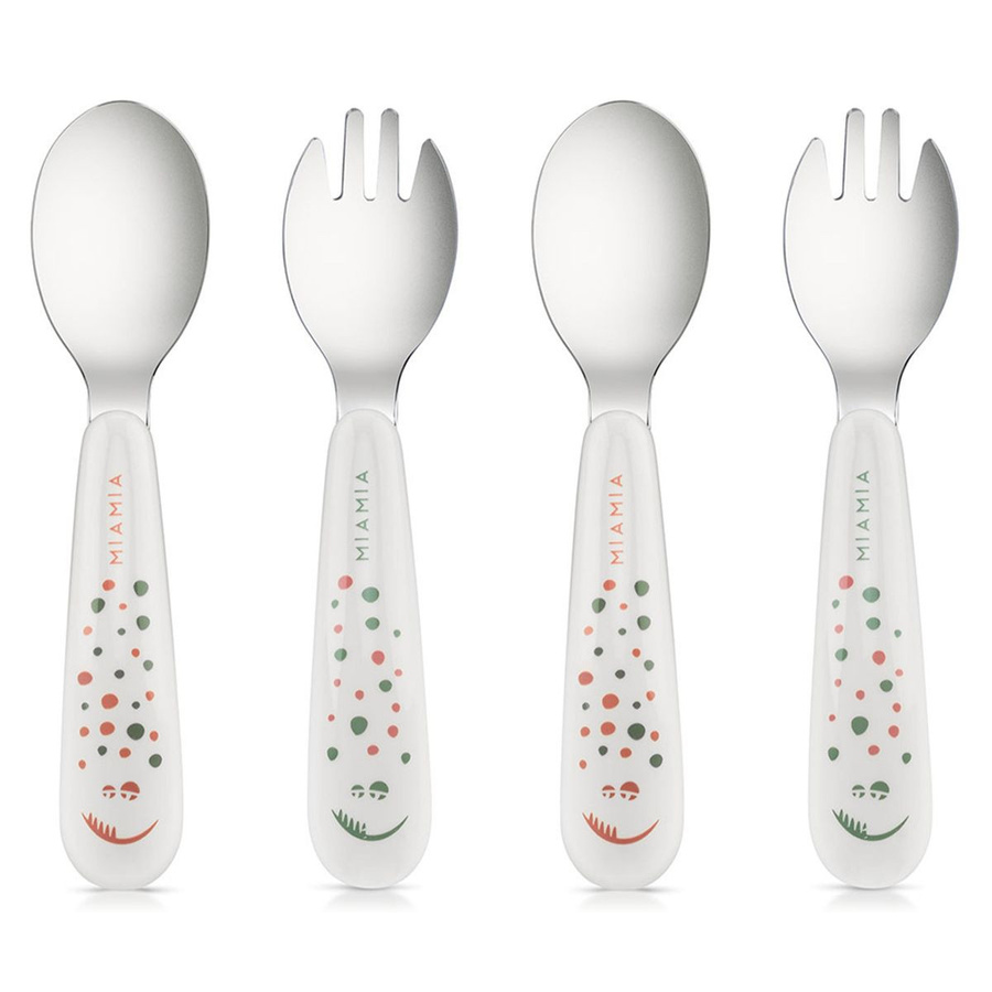 MiaMia Esslern Besteck-Set für Kinder 4-teilig mit ergonomischen Griffen aus Edelstahl und Kunststoff in Weiß mit Punkten - Bild 1
