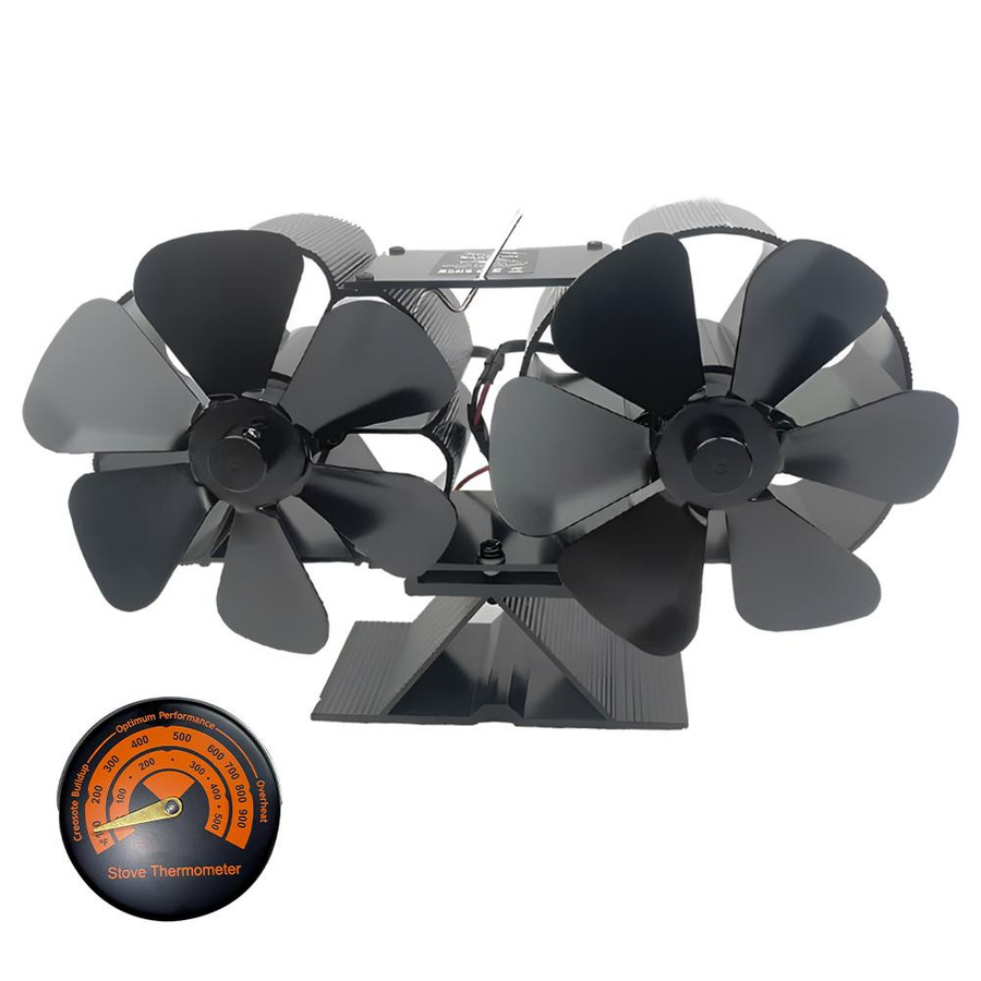 Meterk Holzofenventilator mit Thermometer, wärmebetriebener Kaminventilator mit zwei 4-Flügel-Einheiten, schwarz - Bild 9