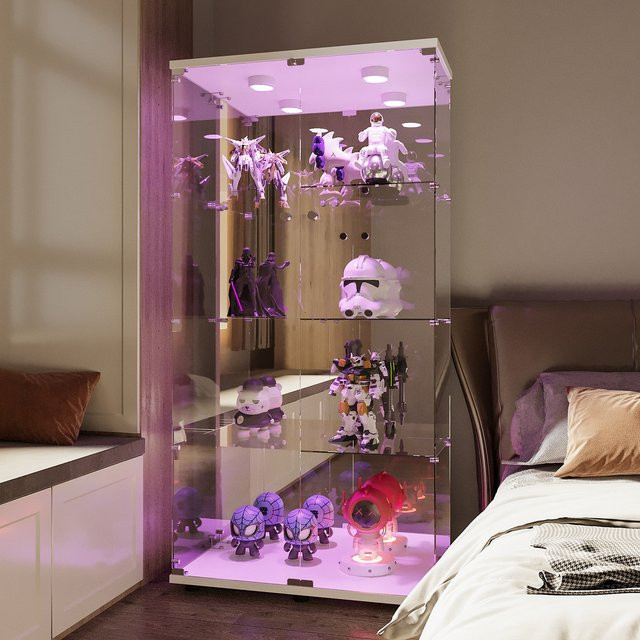 Rosahqnda Glasvitrine aus Sheesham-Holz in Weiß mit LED-Beleuchtung, verspiegelter Rückwand und Glastüren für dein Wohnzimmer oder Kinderzimmer - Bild 1