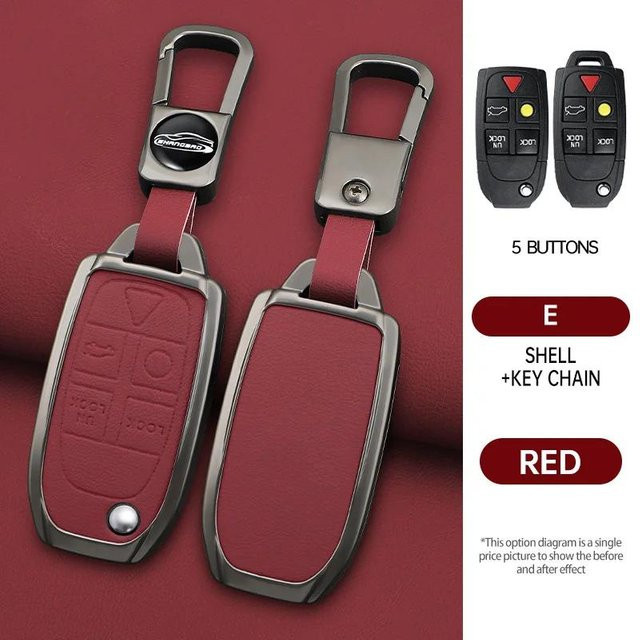 Schlüsselhülle aus Zinklegierung und Leder für Volvo 5-Tasten Fernbedienung in Rot - Bild 1