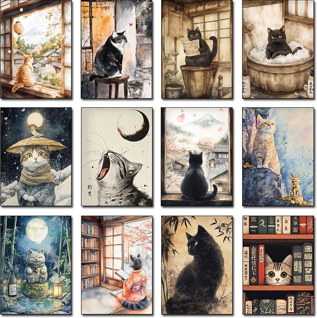 Potdemiel Retro Leinwandgemälde Japanische schwarze Katze mit Mond als Wandkunst zur Heimdekoration - Bild 1