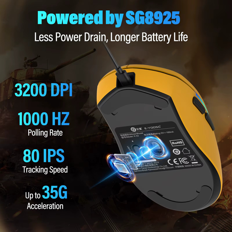 E-YOOSO Gaming-Maus SG8925 Ultraleicht, Kabelgebunden, RGB, Orange, USB-C Anschluss für PC und Laptop - Bild 3