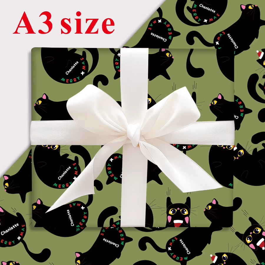 3 Blatt individuelles Weihnachtspapier mit schwarzem Katzen-Design in Grün zum Basteln und Verpacken von Geschenken - Bild 2