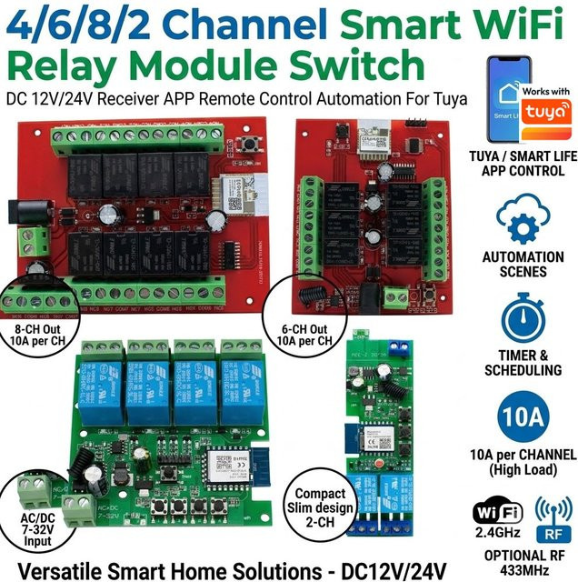 Tuya Smart WiFi Relaismodul Schalter mit 2/4/6/8 Kanälen für DC 12V/24V zur App-Steuerung und Automatisierung - Bild 1