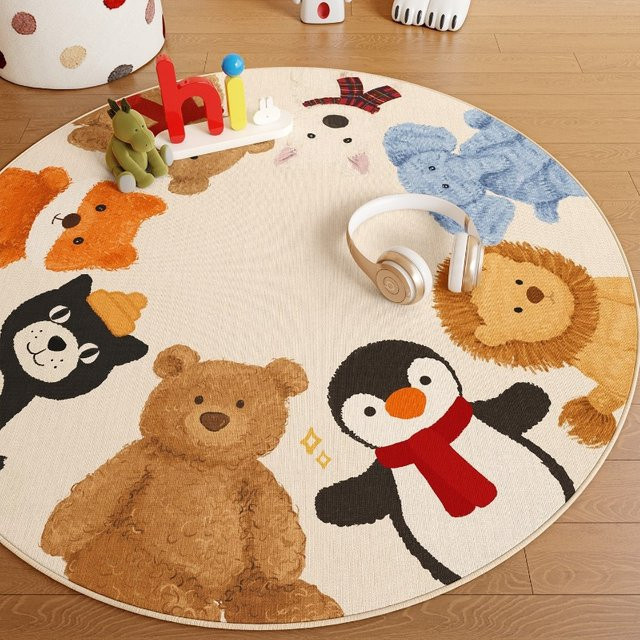 Runder Teppich mit Cartoon-Tier-Motiven in Mehrfarbig für Kinderzimmer und Schlafzimmer, rutschfest - Bild 1
