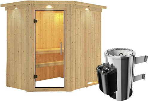 Karibu Sauna Wenden aus Fichtenholz in Beige inklusive 3,6 kW Saunaofen mit integrierter Steuerung für 3 Personen, B/T/H: 210 x 165 x 202 cm - Bild 1