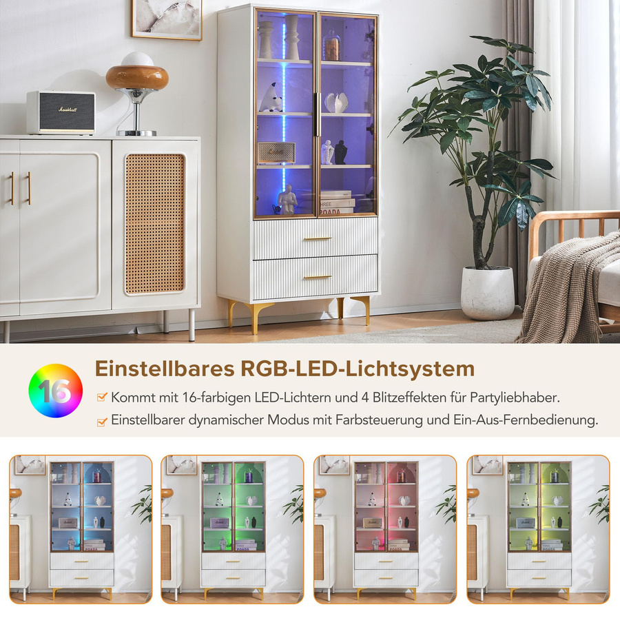 Flieks Moderne Standvitrine mit LED Beleuchtung und 2 Schubladen in Weiß, B/T/H: 80 x 40 x 160 cm - Bild 2