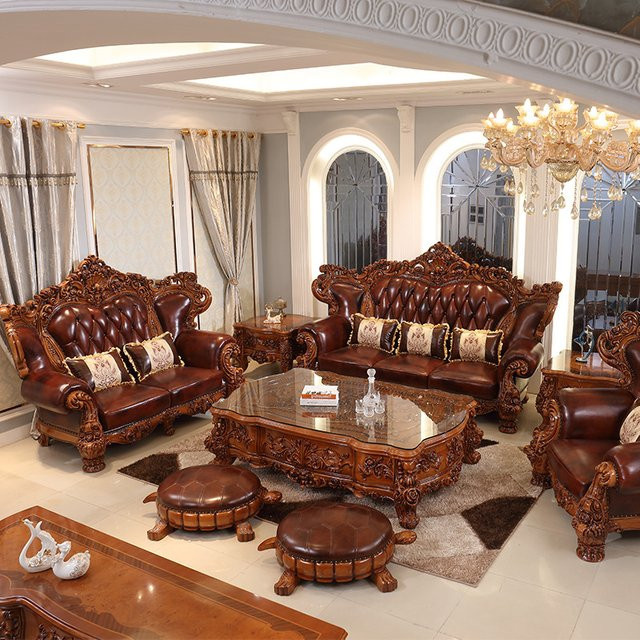 HYS Sofa Set aus echtem Leder in Braun mit Massivholzgestell im europäischen Vintage-Stil - Bild 1