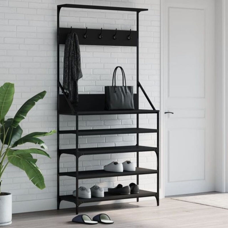 Vidaxl Garderobenständer mit Schuhablage in Schwarz, modern und minimalistisch aus Metall und Holz, B/T/H: 90 x 34 x 184 cm - Bild 1