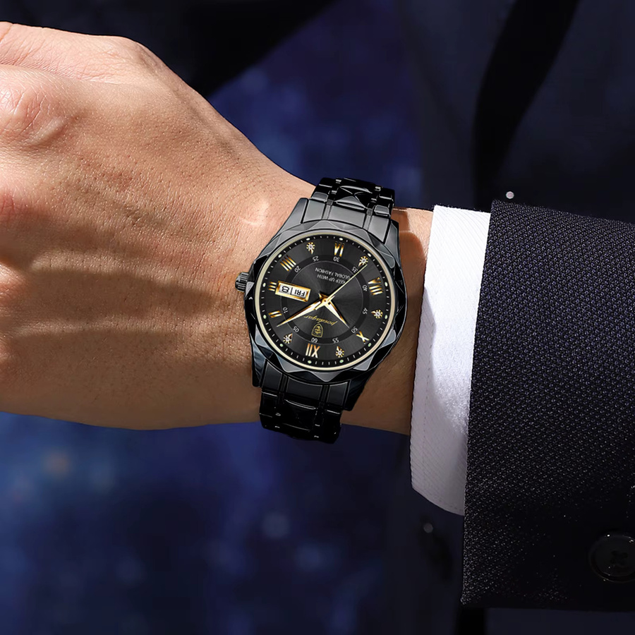 POEDAGAR Armbanduhr Quarz, Edelstahl, Schwarz, Herren - Bild 5