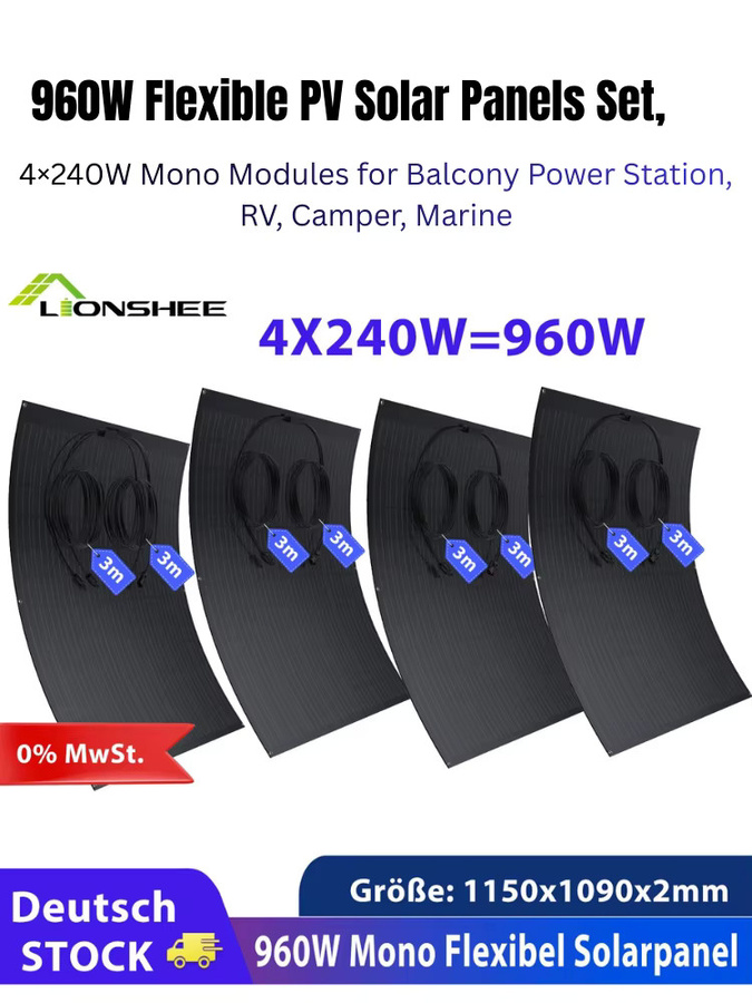 960W Flexibles Solarpanel-Kit mit 4 x 240W Mono-PV-Modulen in Schwarz für Balkon-Stromversorgungssysteme, Wohnmobile und Camper Van, IP67-Schutz - Bild 6