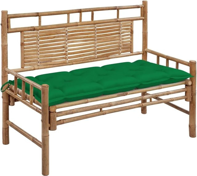 furnicato Gartenbank aus Bambus mit grünen Auflagen, Breite: 120 cm - Bild 1