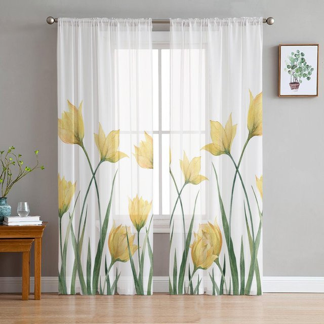Transparente Tüll-Vorhänge mit gelben Tulpenblumen von Household supplies MH, Weiß, B: 135 cm, H: 160 cm - Bild 1