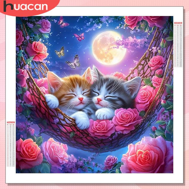 HUACAN Diamantmalerei Set mit Katze und Rosenblüten als Wanddekoration, Mehrfarbig, B/H: 20 x 20 cm - Bild 1