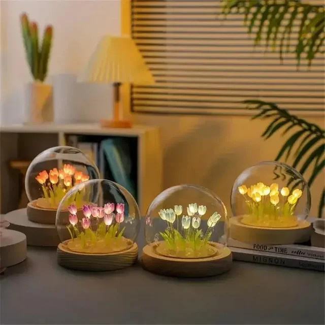 Handgemachte DIY Künstliche Tulpe LED Nachtlampe in Rosa und Multicolour mit warmweißem Licht für Schlafzimmer und Schreibtisch - Bild 1