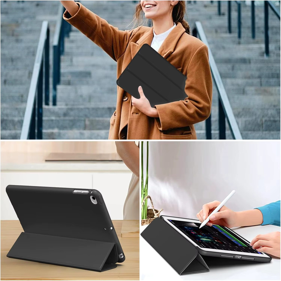 QIJUN Klapphülle für iPad Air 1 2 3 4 5 Generation 9,7 Zoll A1893, Dreifach gefalteter Magnetständer aus PU-Leder, Schwarz - Bild 6