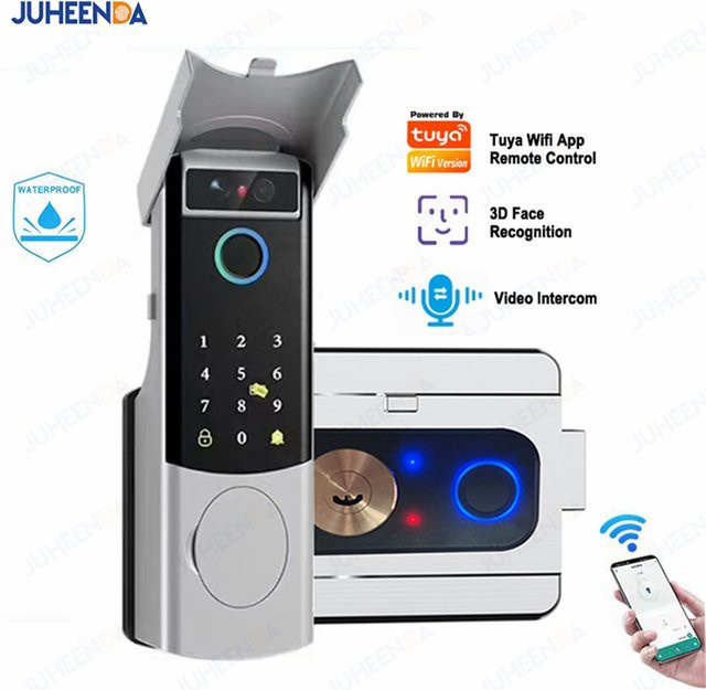 Juheenda Tuya WiFi Smart Lock mit Gesichtserkennung, Fingerprint und Video Intercom, wasserdichtes RFID digitales Schloss für Eisen- und Holztüren, Farbe: Silber - Bild 1