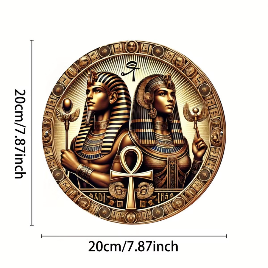 Rundes Metallblechschild HELLOYOUNG im Vintage-Stil mit ägyptischem Pharao und Königin, Kupfer- und Goldoptik mit Hieroglyphen, Durchmesser: 20 cm - Bild 3